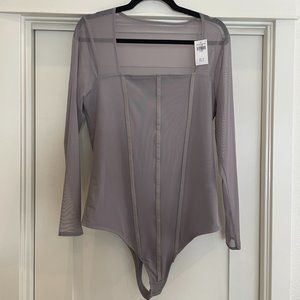 Abercrombie & Fitch Square Neck Mesh Long Sleeve Bodysuit Gray